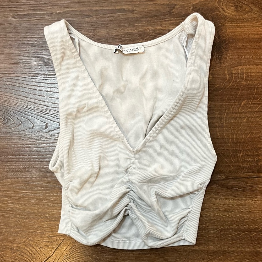Zara White Ribbed Ruched V Neck Crop Tank Top